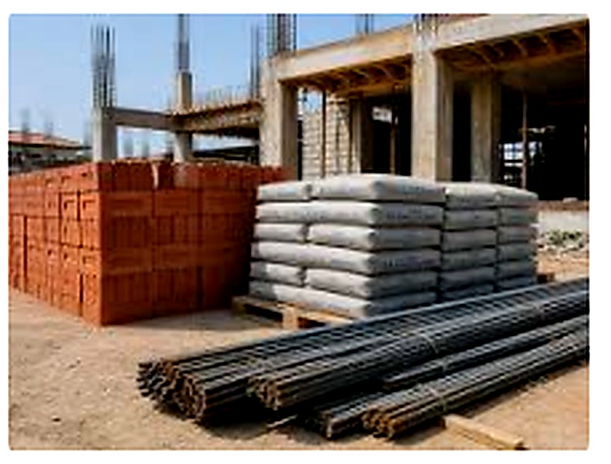 Cement bags and building materials stacked on site